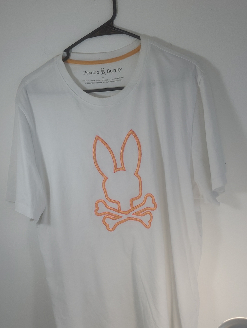 Psycho Bunny Womans Size 7 White Tee with Orange Neck Trim and Orange Logo